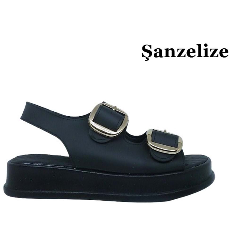 Z- ŞANZELİZE SANDALET - K-106 - SİYAH-CİLT-ALTIN-TOKA