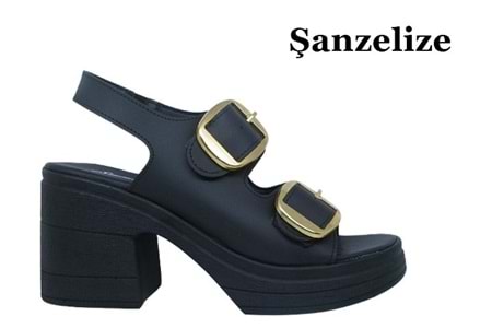 Z- ŞANZELİZE SANDALET - K-506 - SİYAH-CİLT-ALTIN-TOKA